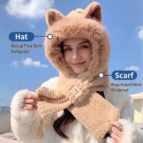 Conjunto de Bufanda con Capucha y Gorro de Peluche Cálido para Invierno para Mujer Orejas de Animal Gruesas a Prueba de Viento Piel Sintética