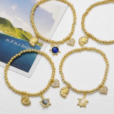 Elastisches Perlenarmband 18K Vergoldetes Kupfer Mit Meeresschildkröte Muschel Herz Anhängern Zirkon Kristall Schmuck