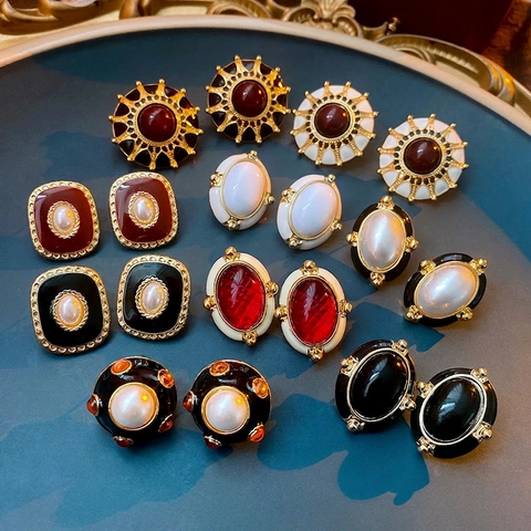 Enamel Stud Earrings Gold Plated With 925 Sterling Silver Earring Post French Retro Geometric Artificial Pearl Jewelry Women