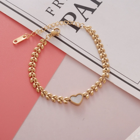 Edelstahl Herz Armband Vergoldet Blatt Weizenkette Weißer Muschel Inlay Verstellbarer Schmuck Für Damen