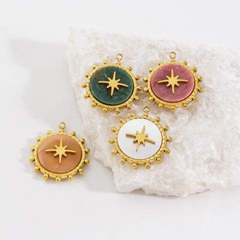 Stainless Steel Round Pendants Natural Stone White Shell Starburst Pattern Gold Plated DIY Jewelry Making