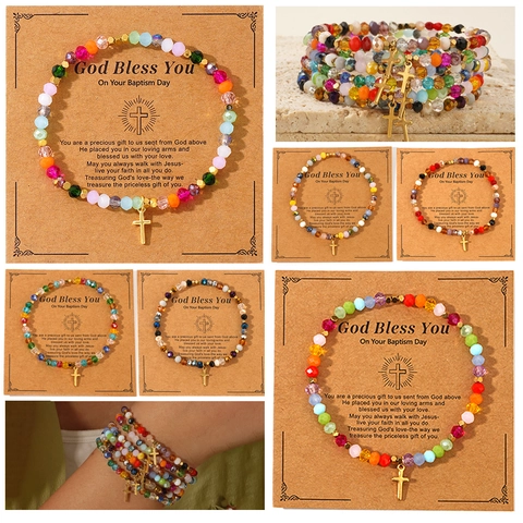 Perlenarmband Bunte Facettierte Kristall Mit Goldenem Legierungskreuz Anhänger Taufe Geschenkkarte Religiöser Schmuck