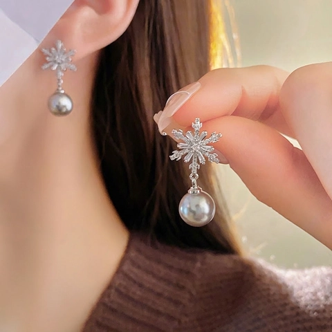 Pendientes De Gota Perla Artificial Copo De Nieve Elegante Zircón Cobre Con Poste De Plata Para Mujeres