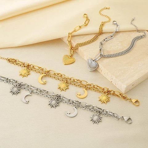 Bracciale Con Ciondolo A Cuore In Acciaio Inossidabile Da Donna Placcato Oro Doppio Strato Sole Luna Stella Charms Catena Graffetta Regolabile