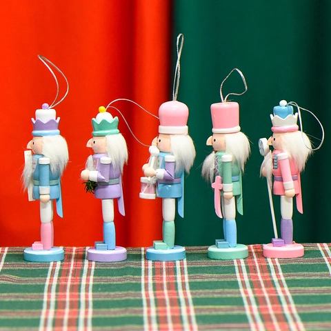 Schiaccianoci Soldato Ornamenti Legno Dipinto Colori Macaron Cordini Appesi Albero Natale Casa Decorazione Carino