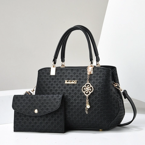 Fashion Women Handbag Pouch PU Leather Monogram Print Embossed Minimalist Large Capacity Shoulder Bag With Metal Pendant