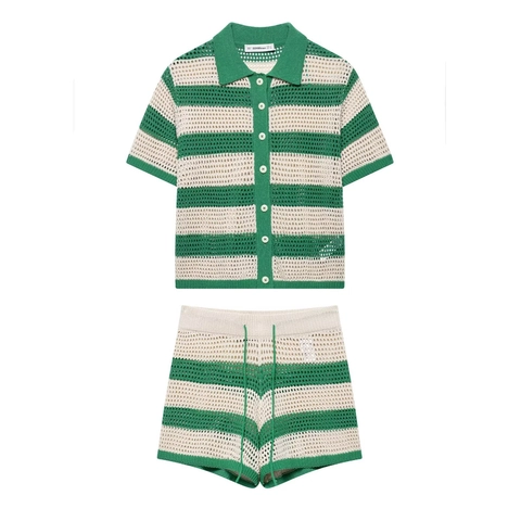 Donna A Righe Crochet Maglia Polo Camicia E Pantaloncini Casual Estate Streetwear Manica Corta Traspirante