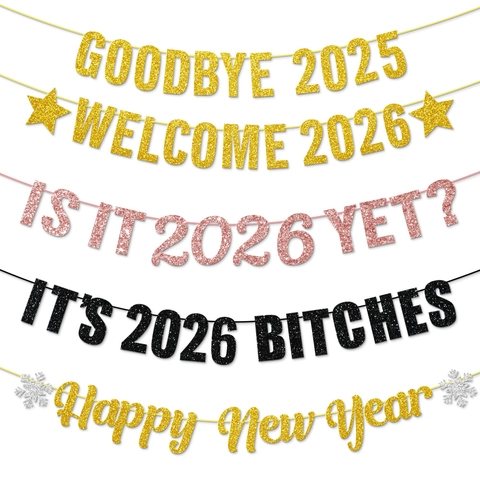 Frohes Neues Jahr Banner Glitzer Papier Hängende Girlande Für 2026 Silvester Party Dekorationen Gold Rose Schwarz