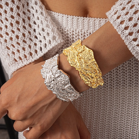 Irregular Lava Texture Wide Cuff Bangle For Women Alloy Metal Crumpled Geometric Open Adjustable Bracelet Statement Jewelry