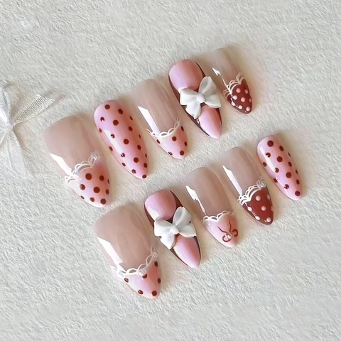 Almond Press On Nails With 3D Bow And Polka Dot French Lace Style Pink Plastic Sweet Elegant For Women