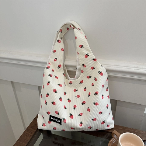 Borsa Tote In Velluto A Coste Con Stampa Fragola Grande Capacità Borsa A Spalla Stile Coreano Moda Tempo Libero Donne