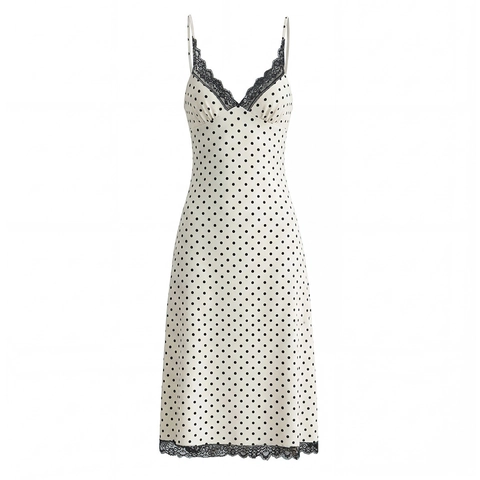Vestido Maxi De Lunares Encaje Cuello En V Satén Camisola Sin Mangas Cintura Alta Sexy Espalda Descubierta Largo Para Mujer