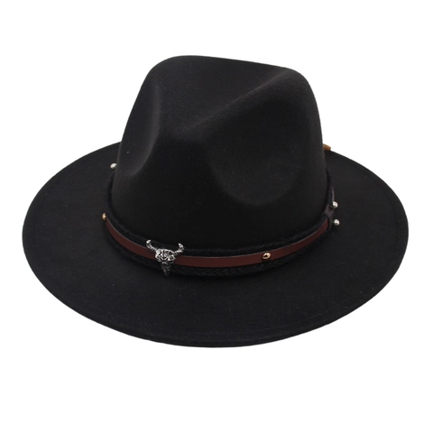 Kids Fedora Hat Felt Wide Brim Western Cowboy Style With Metal Bull Head And Leather Band Retro Jazz Cap For Boys Girls