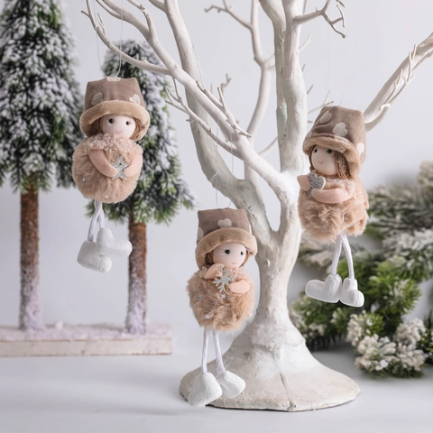 Ornamenti Appesi Albero Di Natale Bambola Angelo In Peluche Con Stella Cuore Glitter Argento Cappello Maglia Marrone