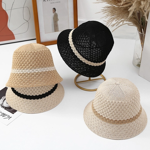 Knitted Bucket Hat Polyester Striped Sun Protection Breathable Foldable Beach Sunshade Travel Accessories Women