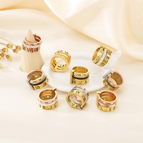 Multi-Layer-Band-Ring Edelstahl Muschel-Inlay Römische Ziffern Zirkon Akzente Trendiger Modeschmuck Für Damen