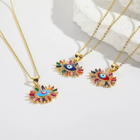 18K Vergoldet Kupfer Evil Eye Anhänger Halskette Mit Farbigem Strass Öltropfen Mode Schmuck Für Damen Alltag