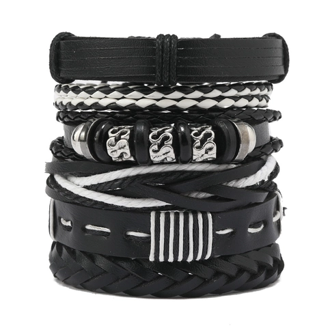 Men's Punk Multi-layer Leather Bracelet Handwoven Black White Wax Cord Adjustable Retro Alloy Bead Jewelry For Men