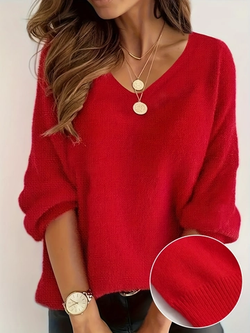 Suéter De Punto Para Mujer Cuello En V Color Sólido Manga Larga Suelto Casual Pullover Puños Acanalados Mezcla De Poliéster Top