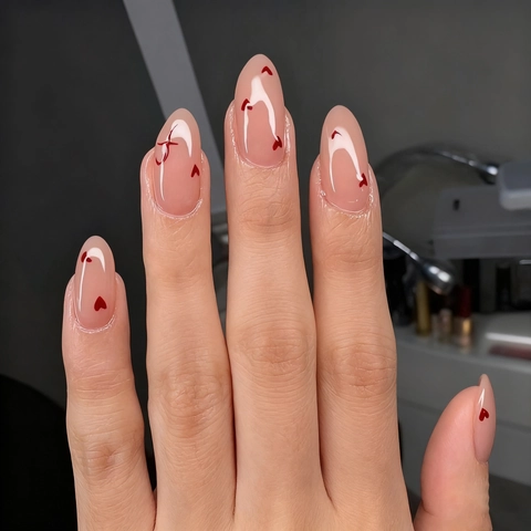 Press On Nails Pink Almond Fake Nails With Red Heart Design Glossy ABS Artificial Nails For Women Valentine Day Style