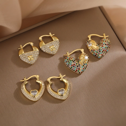 Heart Huggie Hoop Earrings 18K Gold Plated Copper Cubic Zirconia Multi Color Stones Pave Heart Vintage Jewelry For Women