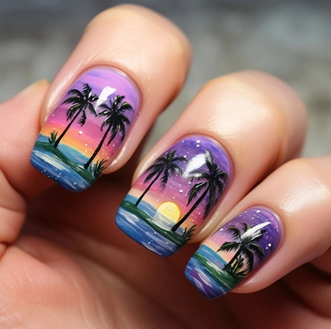 Short Square Plastic Press On Nails Tropical Sunset Beach Coconut Tree Silhouette Gradient Color Artificial Finger Nails