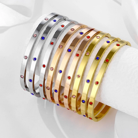 Stainless Steel Bangle Bracelet Colorful Cubic Zirconia Screw Motif Hinged Jewelry For Women Gold Plated