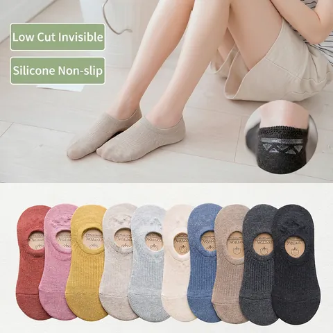 Women No Show Socks Cotton Non Slip Silicone Heel Invisible Boat Socks Low Cut Breathable Ribbed Knit Casual Solid Color
