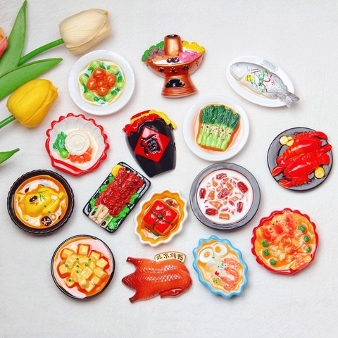 Resin Miniature Food Refrigerator Magnets Simulation Chinese Cuisine Hotpot Roast Duck Burger DIY Crafting Decor Accessories
