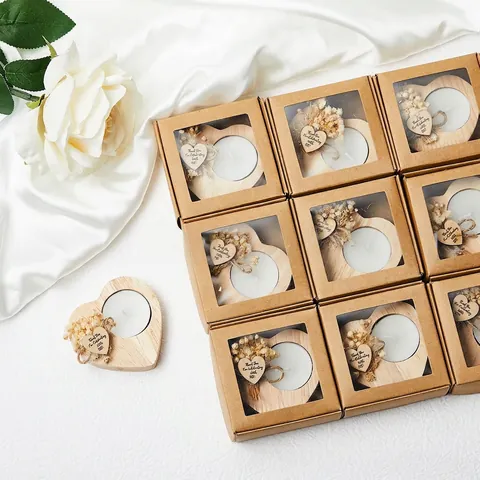 Heart Shaped Wooden Candle Holder With Soy Wax Tea Light Dried Flower Gift Box For Wedding Party Favor Rustic Decor