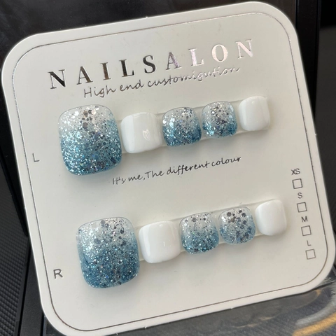 Zehennägel Zum Aufkleben Meeresblau Glitzer Farbverlauf Weiß Einfach Schick Sommer Strand Fußpediküre Für Frauen