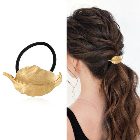 Metal Leaf Hair Tie Elastic Rope Ponytail Holder Alloy Foliage Textured Hair Accessories Versatile Elegant For Women