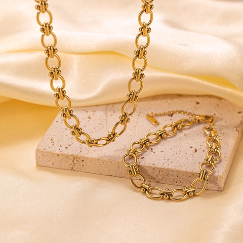 Stainless Steel Linked Chain Necklace And Bracelet Jewelry For Women Minimalist Fashion Gold Plated Accessories