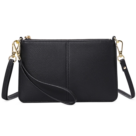 Sac Bandoulière Femme Cuir PU Grainé Pochette Dragonne Emplacements Cartes Protection RFID Matériel Doré Sac À Main