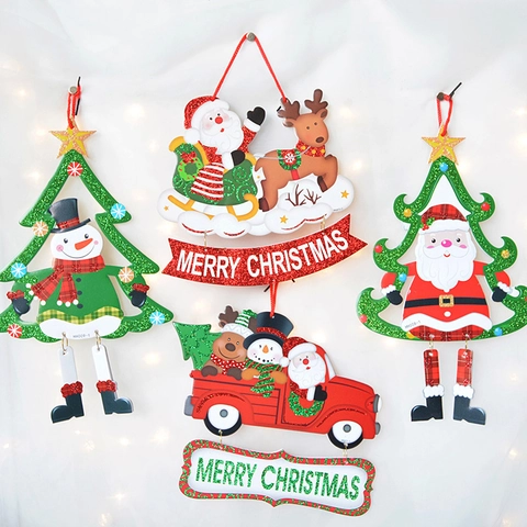 Christmas Hanging Ornament Door Sign Glitter Paper Foam Santa Claus Snowman Reindeer Festive Home Window Wall Decoration