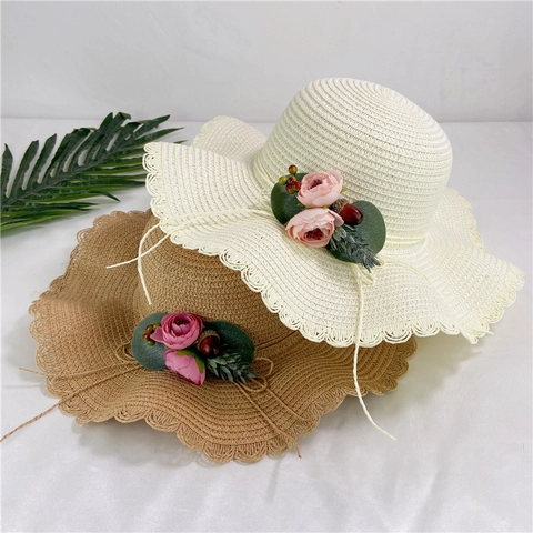 Women Girls Wide Brim Straw Hat Floral Decor Wave Edge Sun Protection Foldable Beach Summer Cap