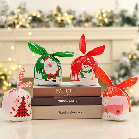 Christmas Gift Bags EVA Plastic Candy Packaging Pouches With Rabbit Ear Tie Knot Cartoon Santa Claus Snowman Patterns For Holiday Party