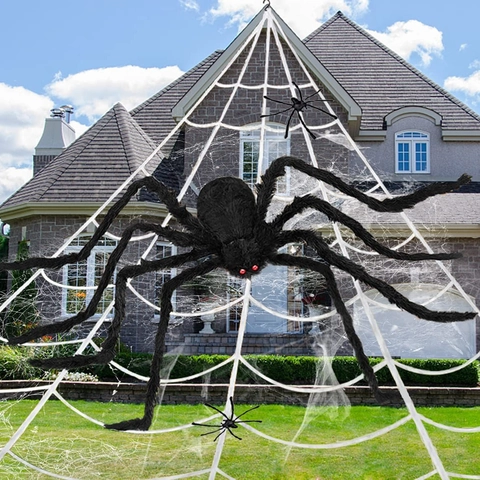 Decorazione Gigante Ragnatela Di Halloween Con Grande Ragno Di Peluche E Ragnatele Estensibili Oggetto Di Scena Esterno