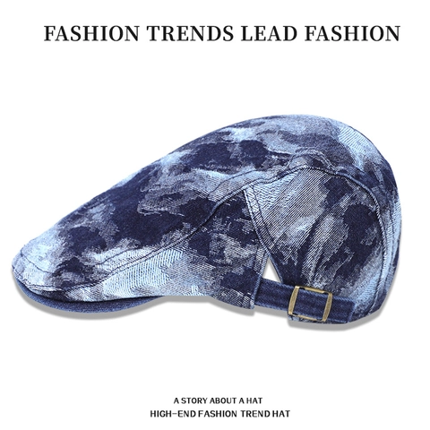 Retro Tie-Dye Denim Flat Cap Adjustable Vintage British Newsboy Hat Cotton Breathable Painter Cap For Women