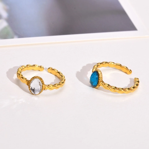 Edelstahl Offener Ring Für Damen Vergoldet Gedrehtes Band Oval Blau Zirkonia Eingelegt Verstellbarer Modeschmuck Geschenk