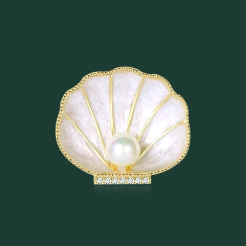 Broche de Concha Vintage Francés para Mujer Elegante Broche de Esmalte con Diamantes de Imitación y Perla Artificial Concha Oro Joyería