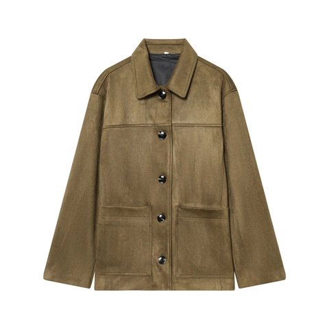 Veste En Daim Pour Femme Avec Col Rabattu Boutonnage Simple Manteau Décontracté Style Workwear Avec Grandes Poches Vert Olive