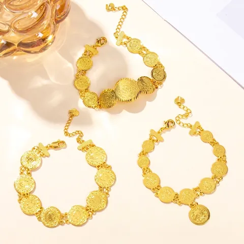 Gold Plated Coin Bracelet Anklet For Women Vintage Ethnic Embossed Round Pendants Adjustable Chain Bohemian Wedding Jewelry