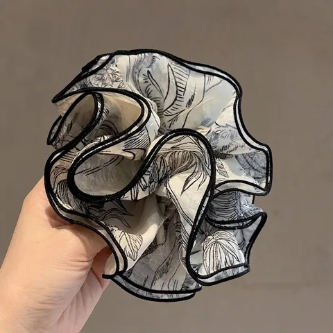 Übergroßer Stoff Scrunchie Plissee Rüschen Haargummi Chinesischer Tuschestil Pflanzendruck Elegantes Haaraccessoires Damen