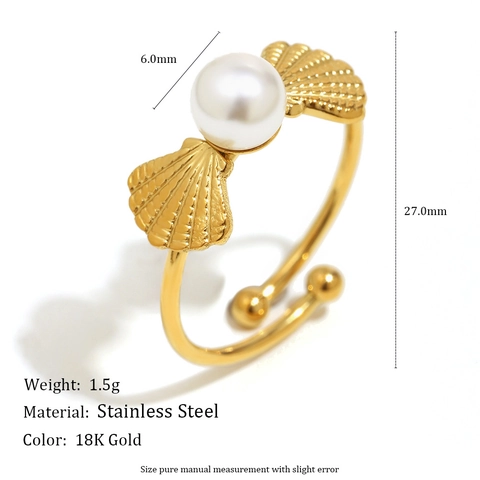 Anello Aperto Elegante Con Design A Conchiglia E Perla Artificial Sintetica Acciaio Inossidabile Placcato Oro 18K Regolabile Gioielli