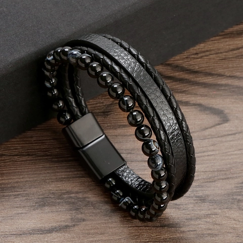 Pulsera Multicapa Hombre Con Cuentas Ágata Negra Natural Cuero Trenzado Cierre Magnético Acero Inoxidable Vintage