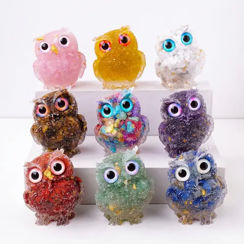 Owl Figurine Natural Crystal Gravel Resin Ornament With Gold Foil Desktop Decorative Animal Statue For Home Office