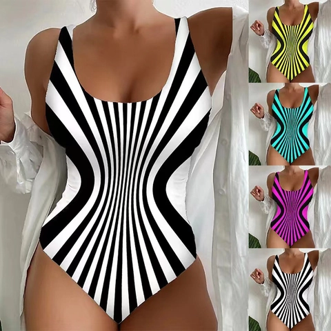 Women One Piece Swimsuit Striped Sexy Slimming Sleeveless Beach Bathing Suit Monokini Polyester Spandex
