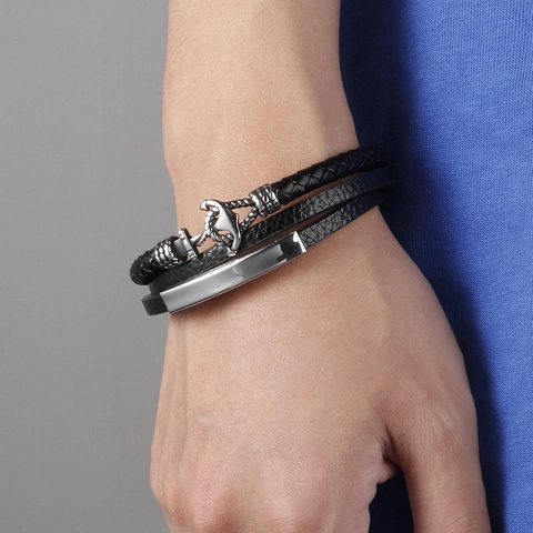 Men Multi-layer Cowhide Leather Braided Bracelet With Stainless Steel Anchor Charm Magnetic Clasp Fashion Jewelry