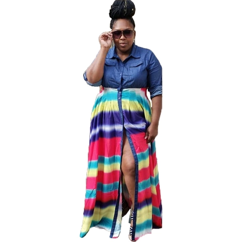 Damen Patchwork Maxi Kleid Denim Hemd Oberteil Geometrischer Druck Großer Saum Langarm Casual Kleid